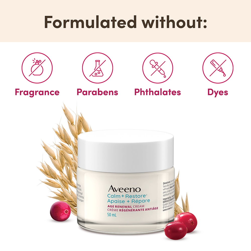 The front shot of the AVEENO® Calm + Restore Age Renewal Cream jar with oats and cranberries