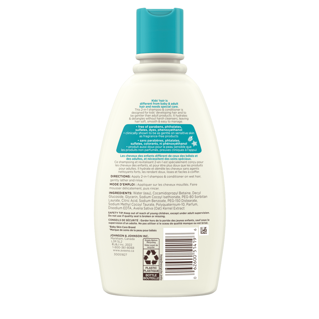 Panneau arrière du flacon de 354 ml du shampoing et revitalisant hydratant AVEENO® Kids