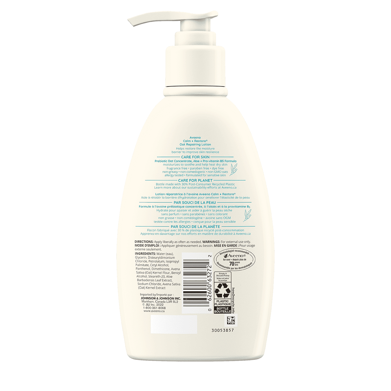 AVEENO® Calm + Restore Oat Repairing Lotion, pump bottle, back label