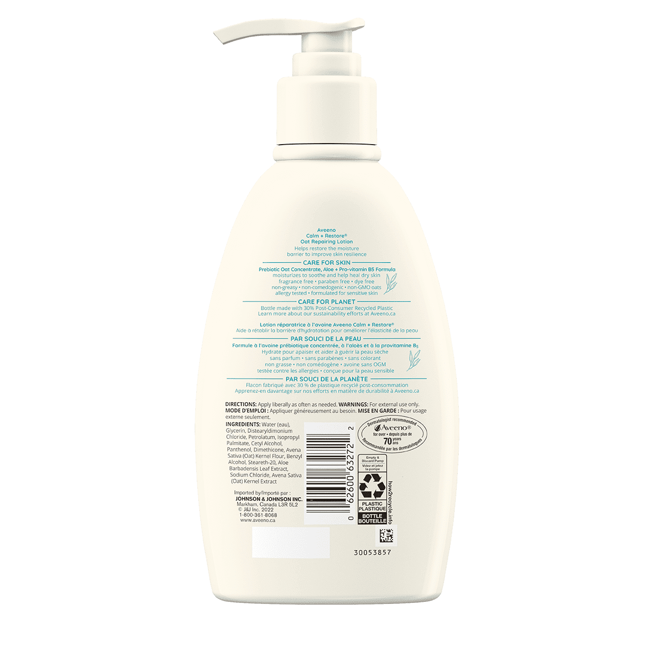 AVEENO® Calm + Restore Oat Repairing Lotion, pump bottle, back label