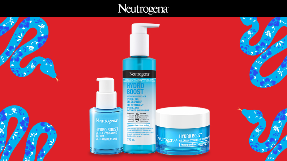 A banner displaying NEUTROGENA® Hydro Boost Cleansing Gel, hydrating face serum, and gel Cream for extra-dry skin with Year of the Snake theme background