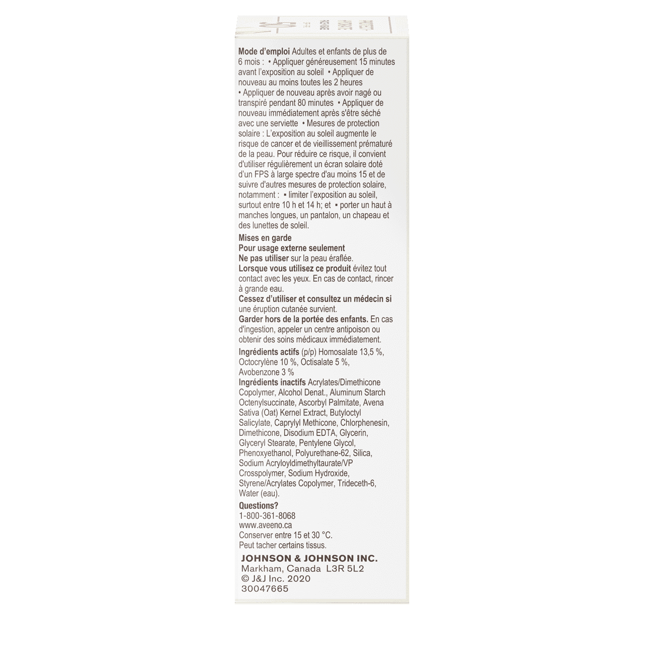 Étiquette latérale, du sachet de 59 ml de l'écran solaire hydratant FPS 50 pour le visage AVEENO®  Protect + Hydrate® 