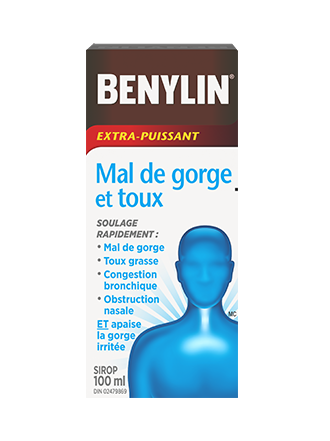 Sirop BENYLIN® Extra-puissant Mal de gorge et toux, 100 ml. Soulagez rapidement le mal de gorge, la toux grasse, la congestion bronchique et l’obstruction nasale, ET apaisez la gorge irritée.