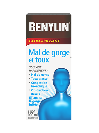 Sirop BENYLIN® Extra-puissant Mal de gorge et toux, 100 ml. Soulagez rapidement le mal de gorge, la toux grasse, la congestion bronchique et l’obstruction nasale, ET apaisez la gorge irritée.