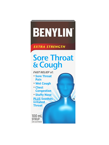 Benylin Extra Strength Sore Throat and Cough Syrup, 100mL. Get fast relief of sore throat pain, wet cough, chest congestion, and stuffy nose. Plus soothing of irritated throat.