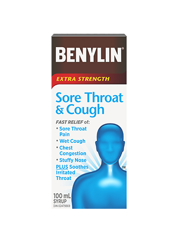 Benylin Extra Strength Sore Throat and Cough Syrup, 100mL. Get fast relief of sore throat pain, wet cough, chest congestion, and stuffy nose. Plus soothing of irritated throat.
