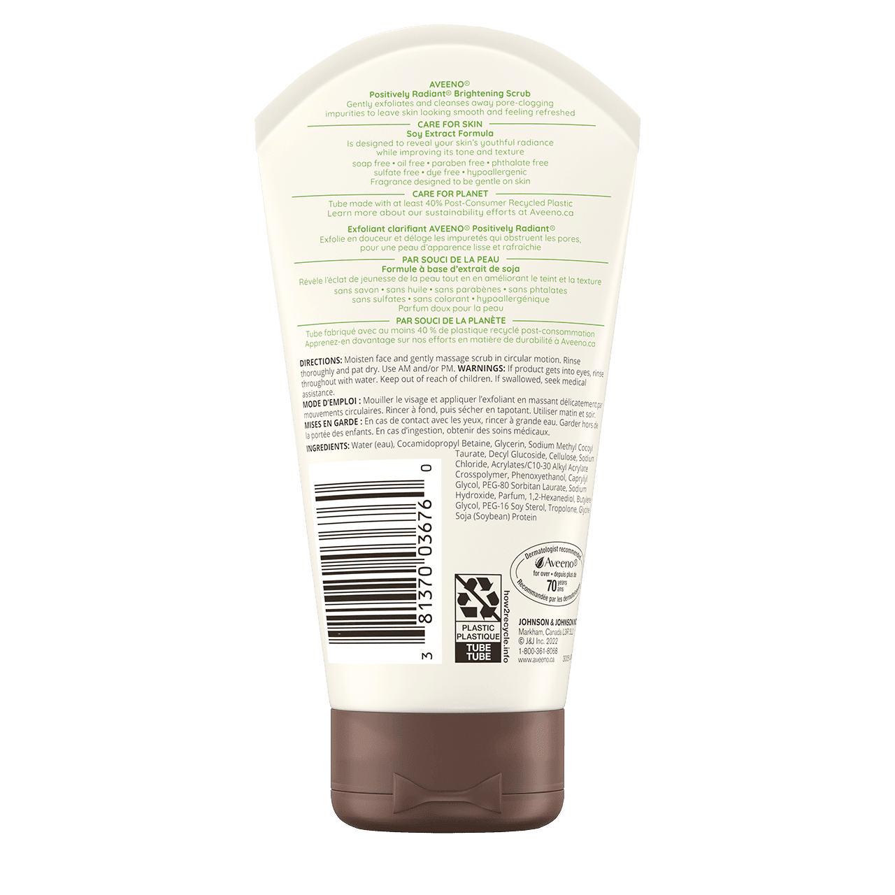 Exfoliant quotidien clarifiant AVEENO® POSITIVELY RADIANT®, panneau arrière du tube de 140 g