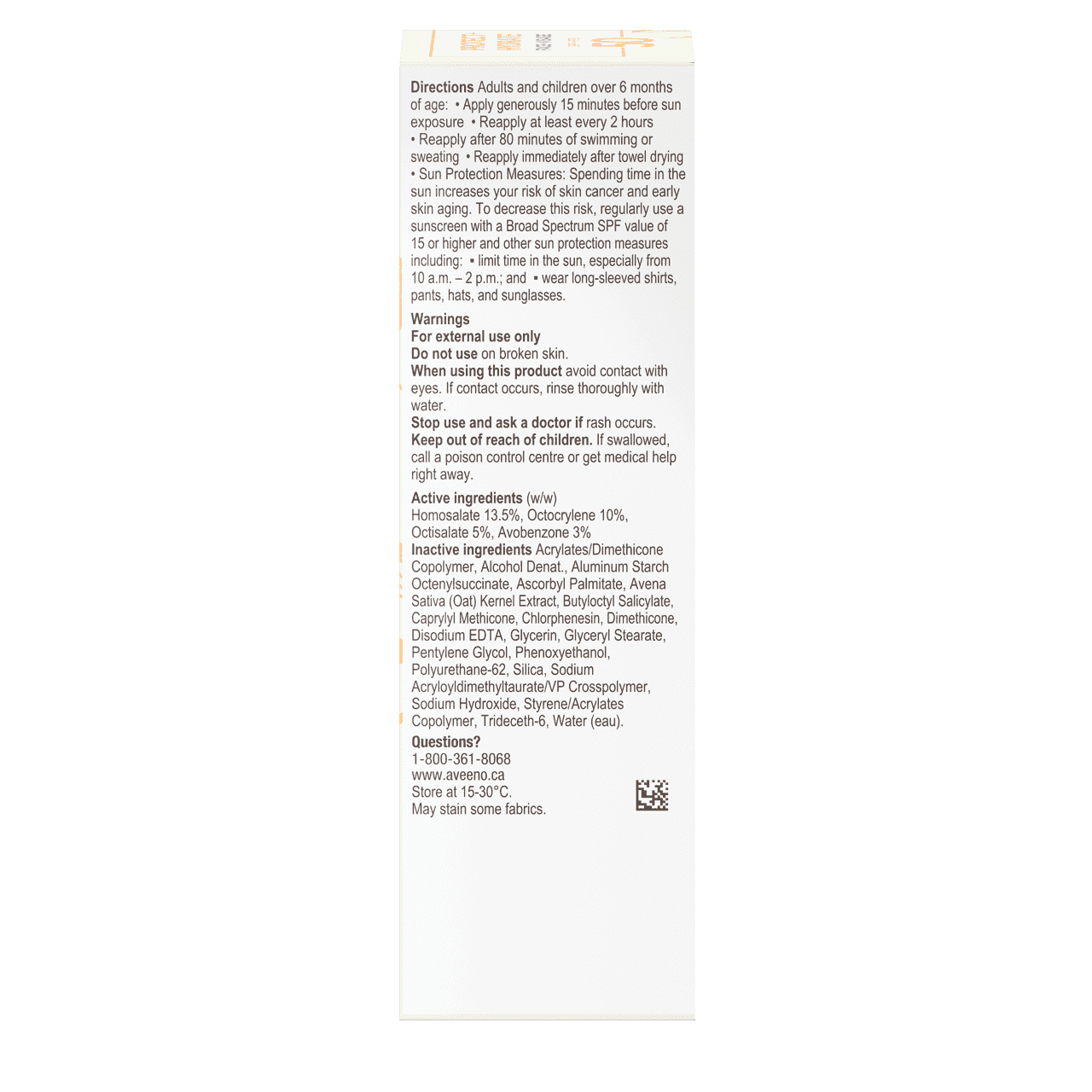 A packet of AVEENO®  Protect + Hydrate®  Face Moisturizing Sunscreen SPF 50, 59mL, side label