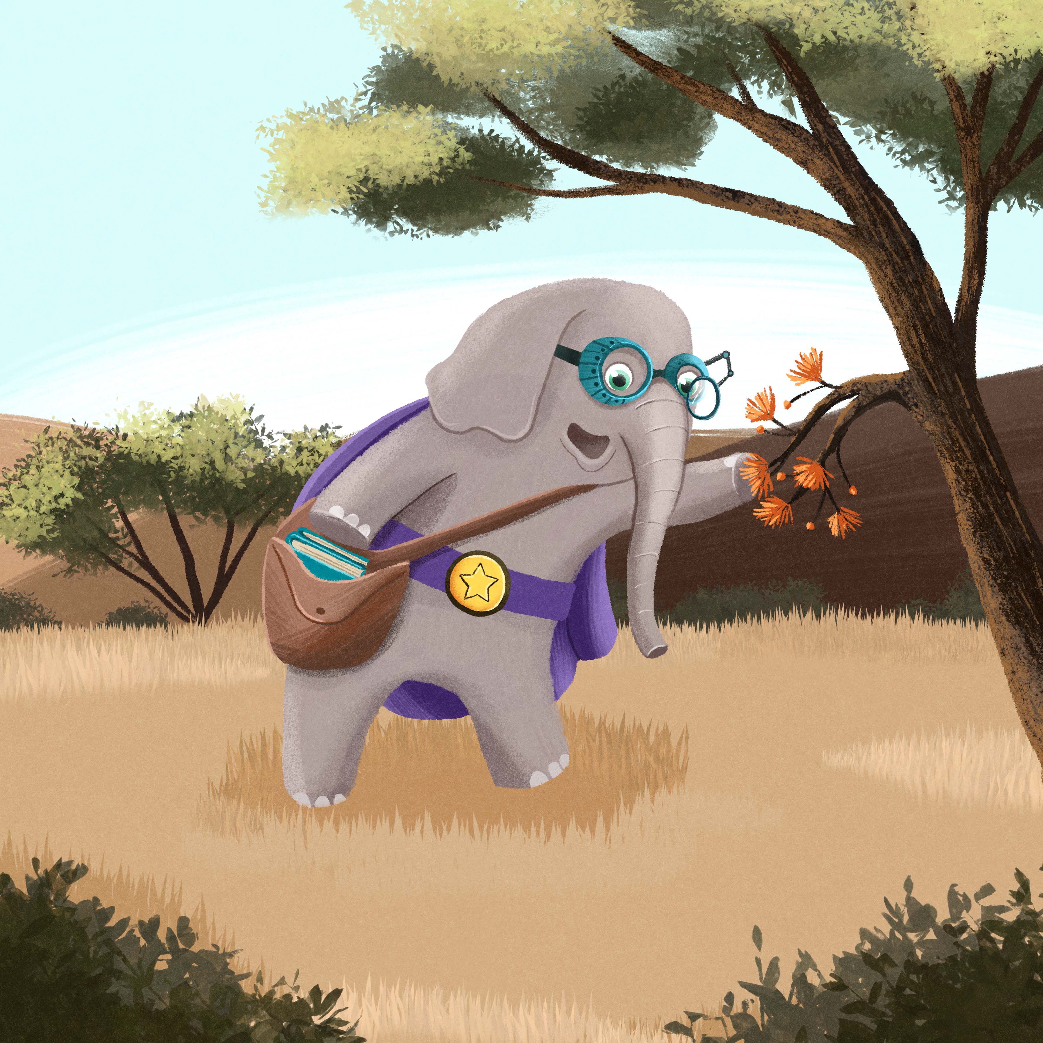 Sage the Elephant looking at flowers on a tree (animated)