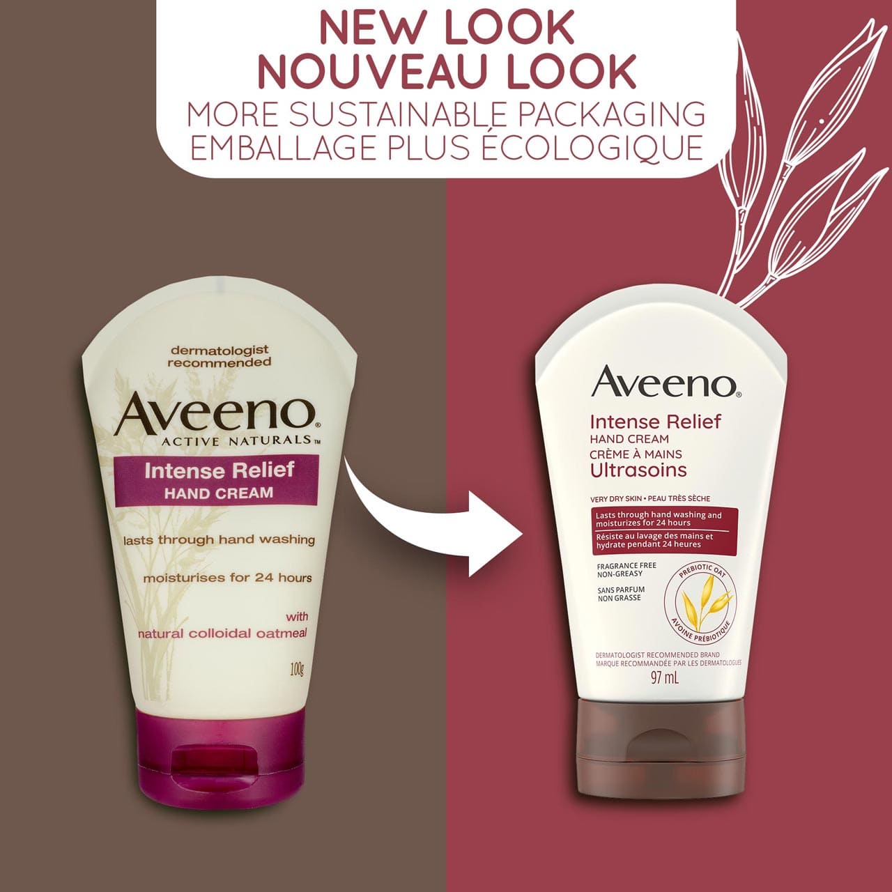 Un ancien et un nouveau tube à presser de 97 ml de la crème à mains Ultrasoins Aveeno avec la mention « Nouveau look, flacon plus écologique »