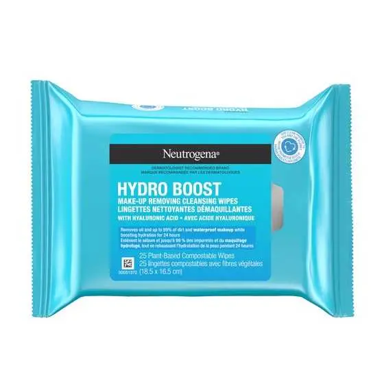 Emballage de 25 lingettes nettoyantes démaquillantes Hydro Boost, compostables et à base de fibres végétales