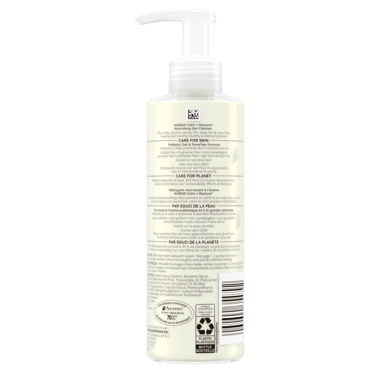 Panneau arrière du flacon du nettoyant nourrissant à l'avoine AVEENO® Calm + Restore