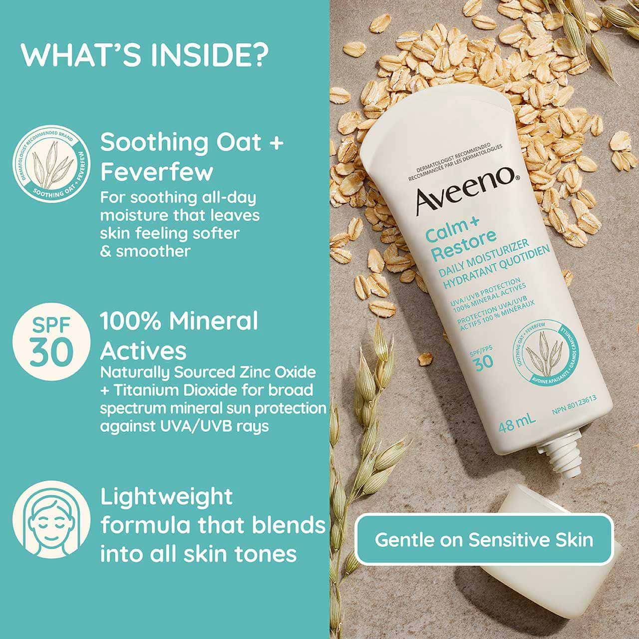 Hydratant quotidien avec écran solaire minéral FPS 30 Aveeno® Calm + Restore, tube à presser, bouchon ouvert, sur des flocons d’avoine