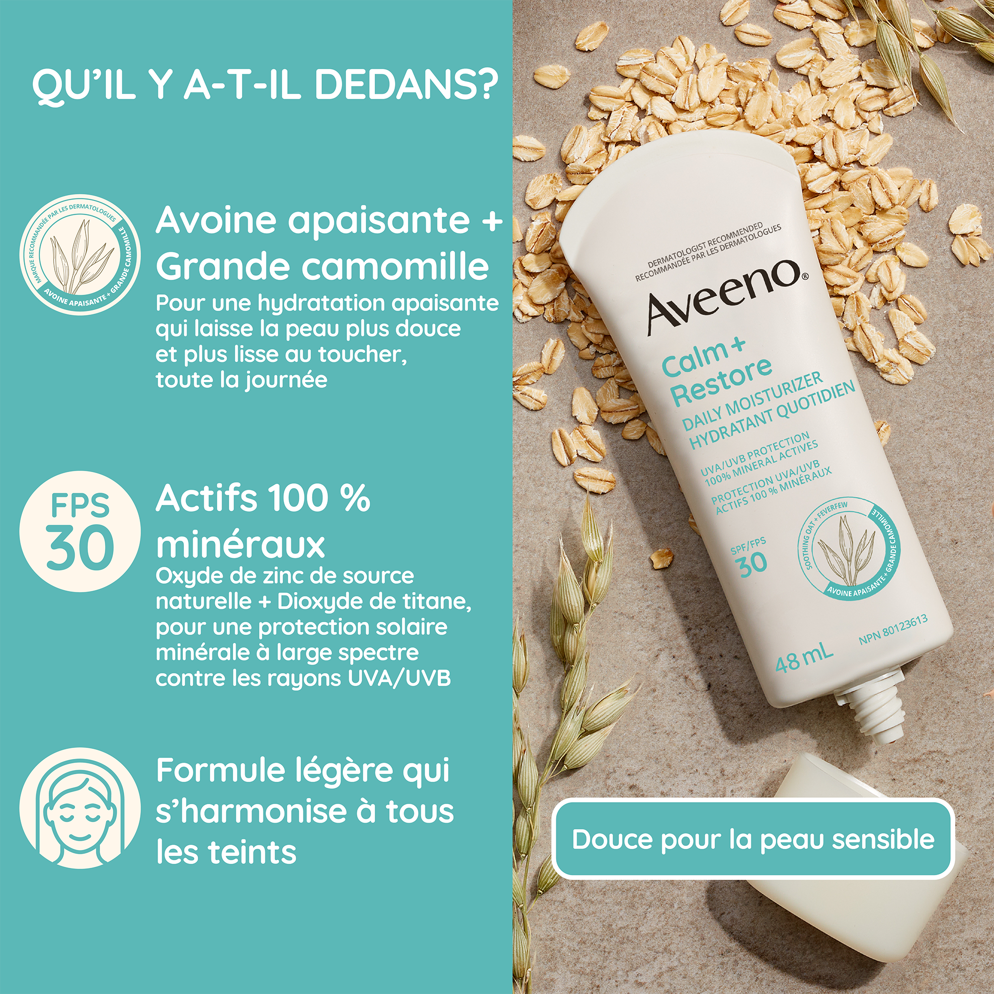 Hydratant quotidien avec écran solaire minéral FPS 30 Aveeno® Calm + Restore, tube à presser, bouchon ouvert, sur des flocons d’avoine