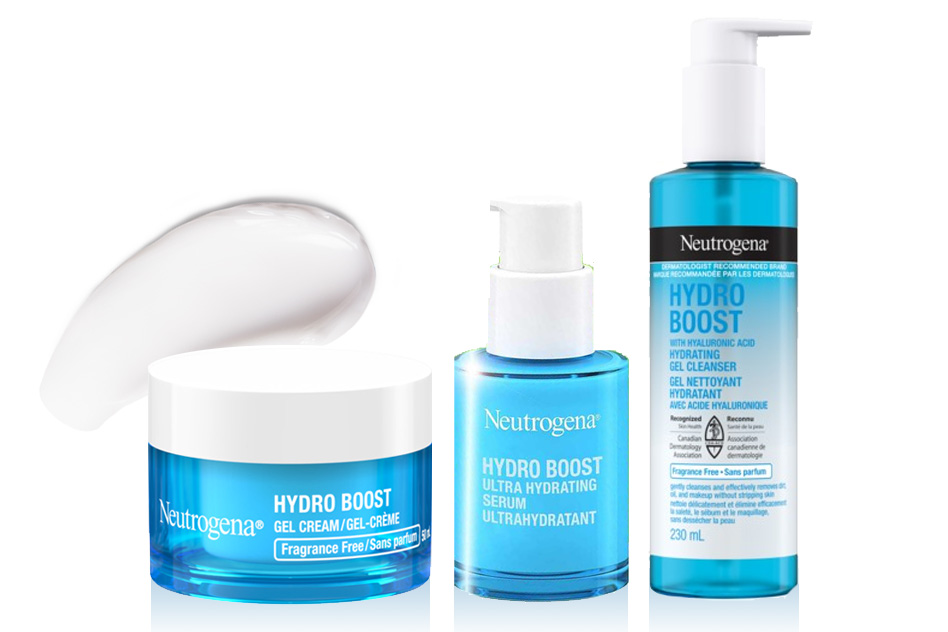 Banner including NEUTROGENA® Hydro Boost Gel Cleanser, Ultra Hydrating Serum, and Gel Cream products.