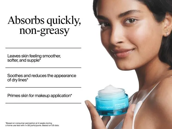 Young woman holding a jar of Neutrogena Hydro Boost Gel Cream, Fragrance-free, with open lid, showing the product inside