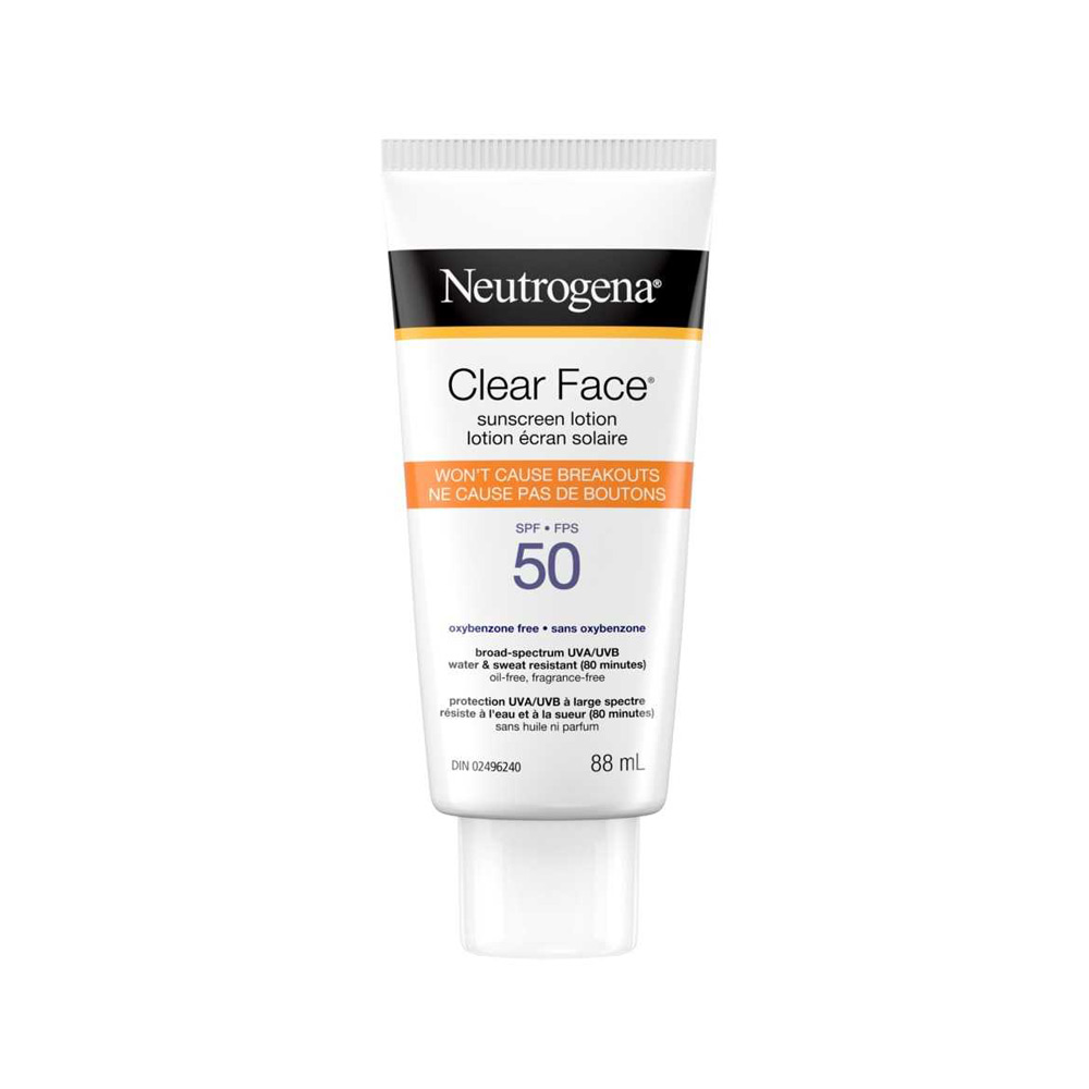 Front shot of Neutrogena® Clear Face® Sunscreen Lotion SPF 50 squeeze tube, 88mL