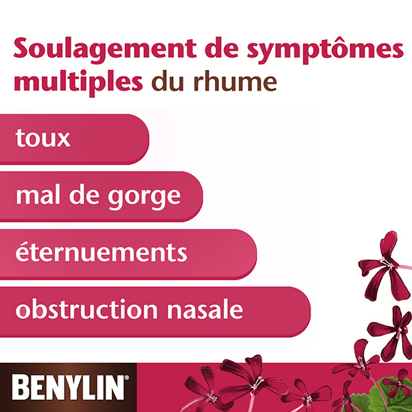 Le sirop à base de plantes BENYLIN® Symptômes multiples Pélargonium aide à soulager la toux, le mal de gorge, les éternuements et l’obstruction nasale dus au rhume 