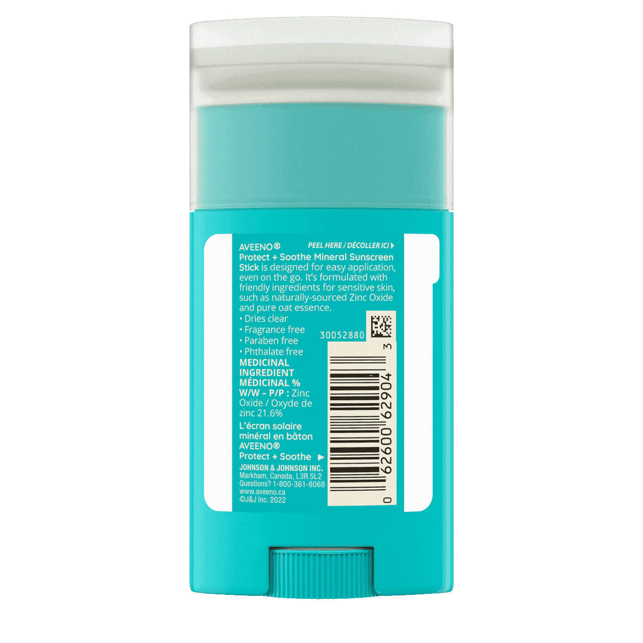 Arrière du bâton de l’écran solaire minéral AVEENO® Protect + Soothe pour peau sensible, avec FPS 50