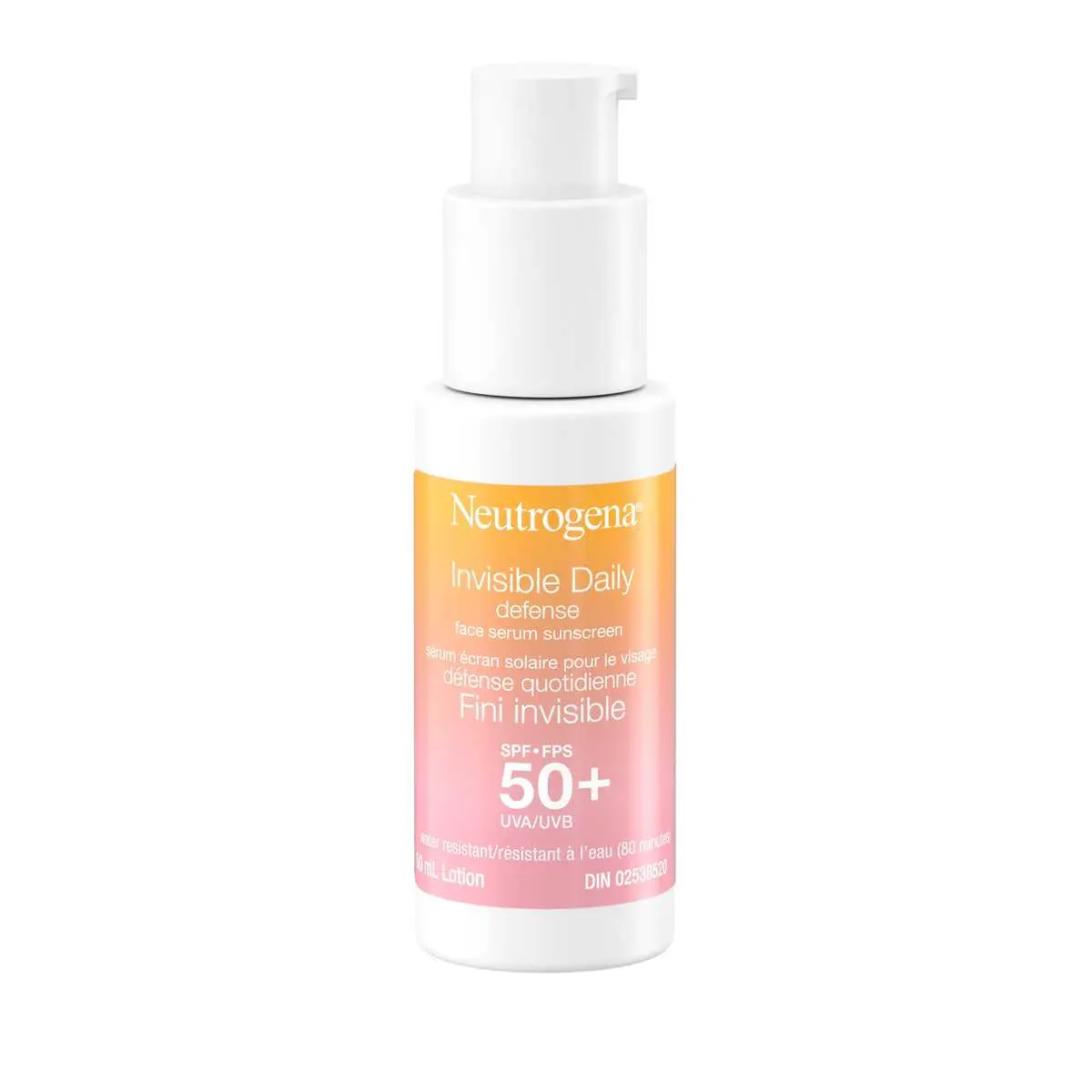 Vue de face du flacon-pompe du Sérum écran solaire pour le visage Neutrogena® Défense quotidienne Fini invisible, FPS 50+.