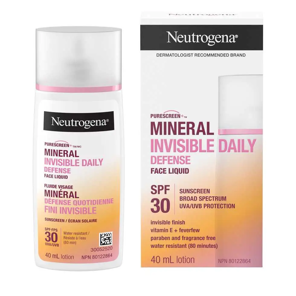 Panneaux avant du fluide minéral écran solaire Visage Neutrogena® Purescreen+MC Défense quotidienne Fini invisible avec FPS 30, tube à presser de 40 ml et boîte externe 