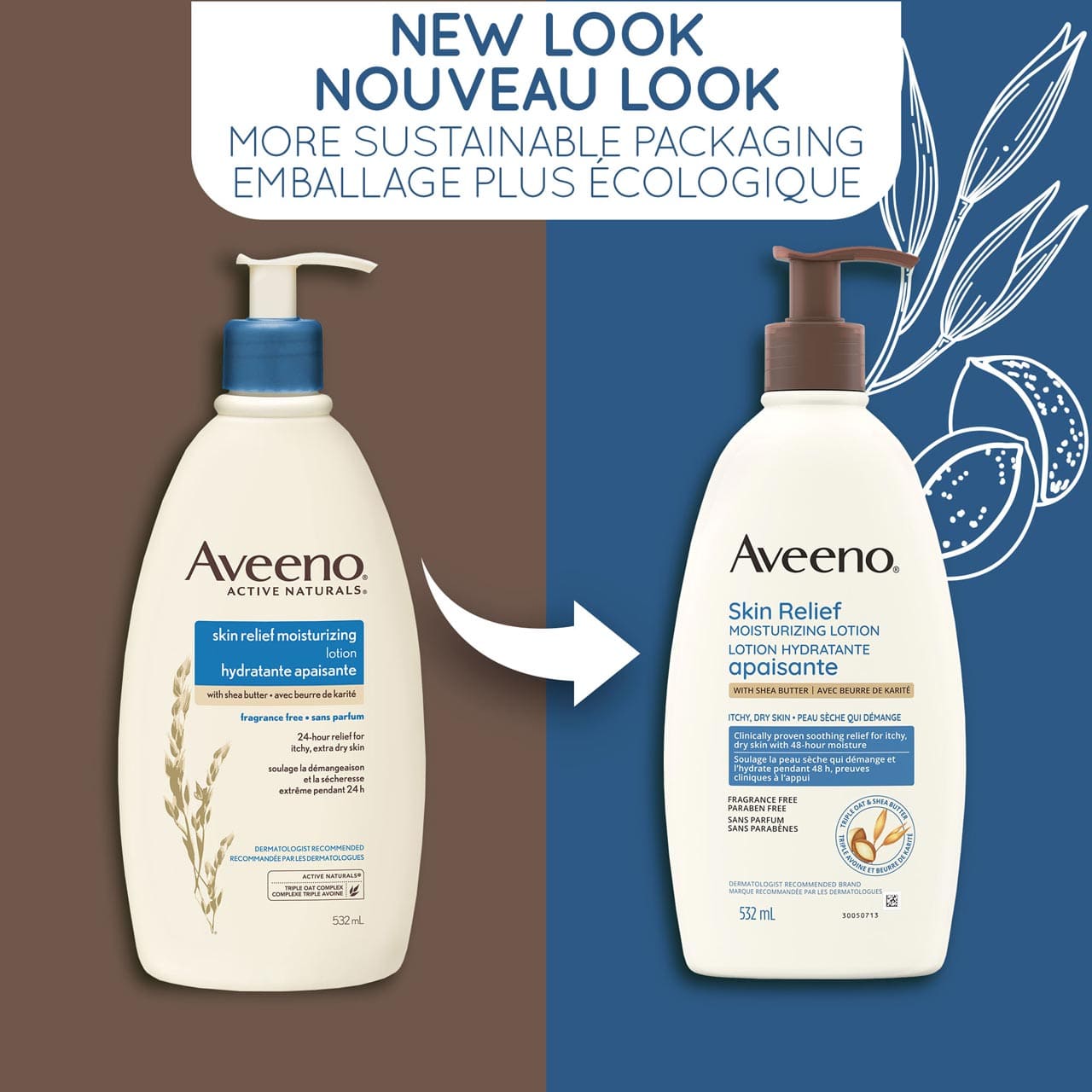 Un ancien et un nouveau flacon-pompe de 532 ml de la lotion hydratante apaisante AVEENO® non parfumée, avec la mention : « Nouveau look, flacon plus écologique »