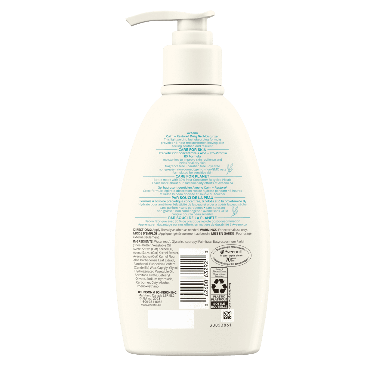 AVEENO® Calm + Restore Daily Gel Moisturizer pump bottle, back label