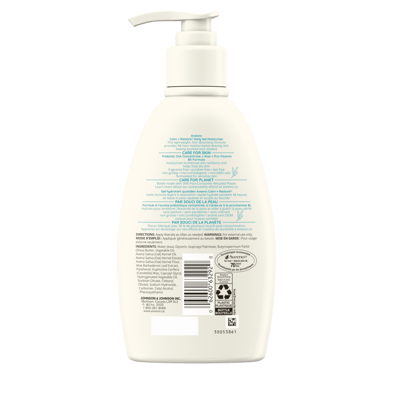 Arrière du flacon-pompe de gel hydratant quotidien AVEENO® Calm + Restore