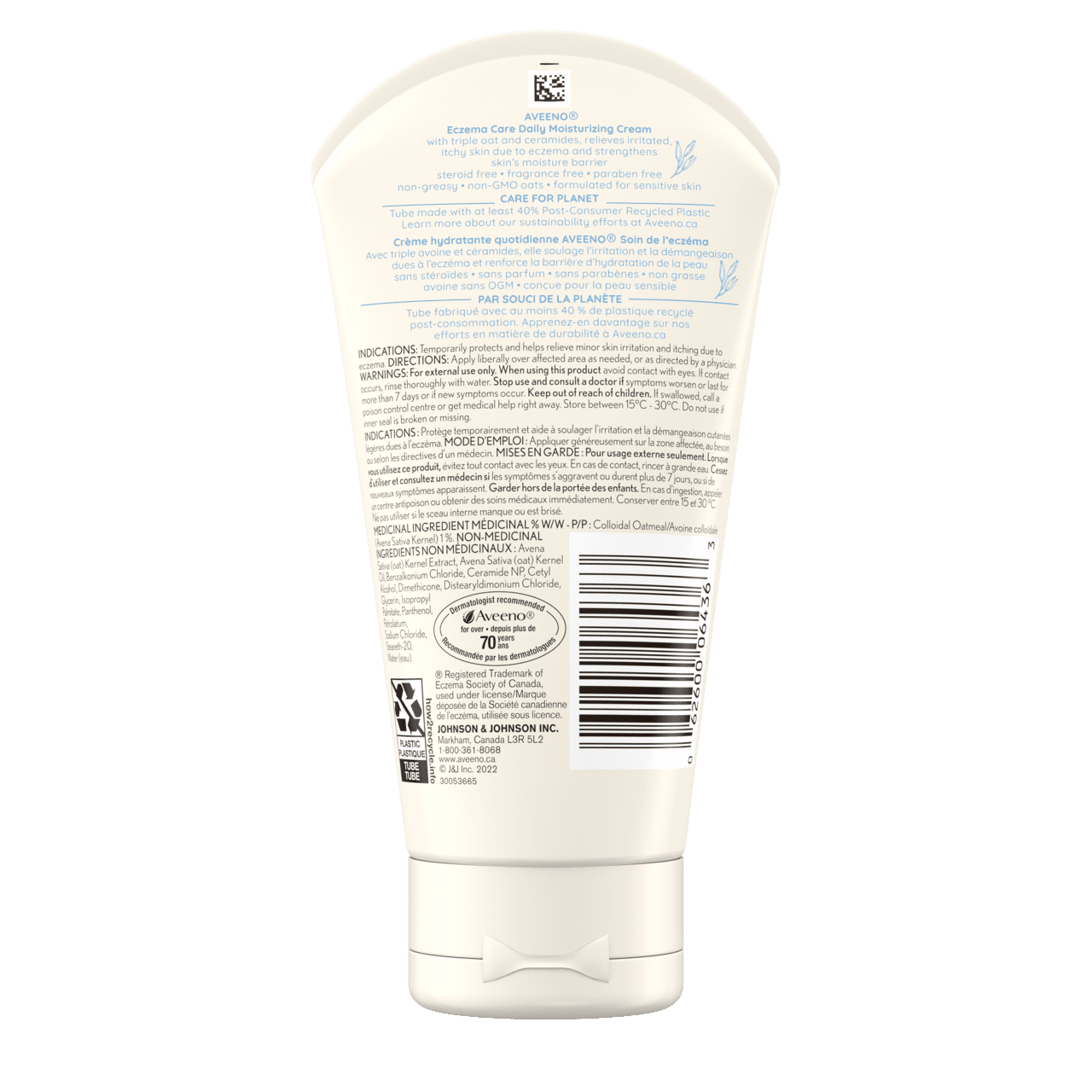 Panneau arrière du tube de la crème hydratante AVEENO® Soin de l'eczéma