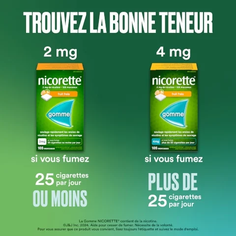 Gomme de Nicotine NICORETTE®, Fruit Frais, en 2mg et 4mg avec une déclaration "Trouvez La Bonne Teneur"