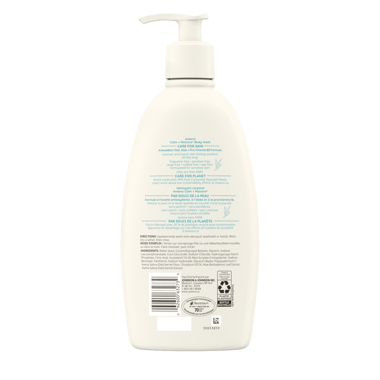 Arrière du flacon-pompe de nettoyant corporel AVEENO® Calm + Restore