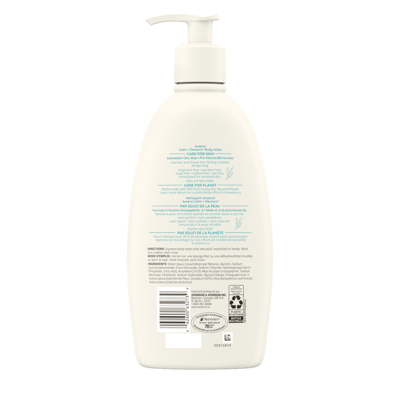 Arrière du flacon-pompe de nettoyant corporel AVEENO® Calm + Restore