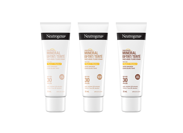 Vue de face de trois tubes de 32 ml de l'écran minéral teinté Neutrogena® PURESCREEN® en teintes clair, moyen et foncé. 