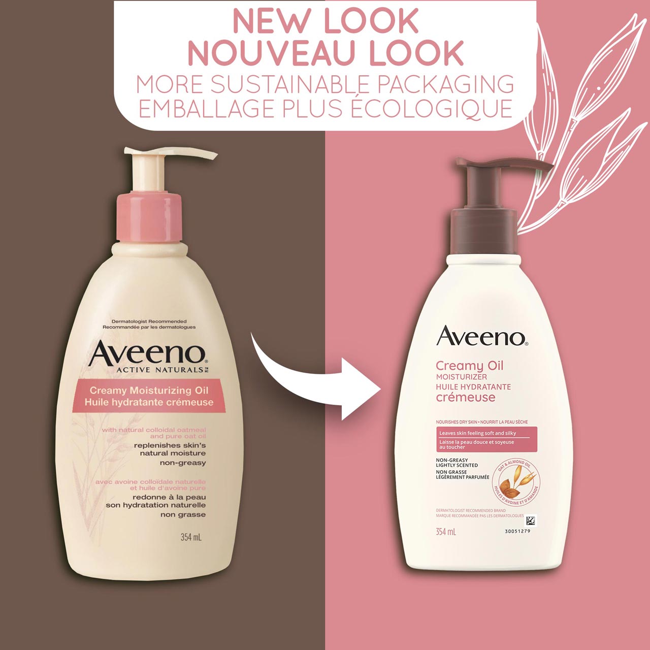 An old and a new packaging of Aveeno Creamy Moisturizing Oil pump bottle, 354mL and a text stating ‘New Look, More Sustainable Packaging'