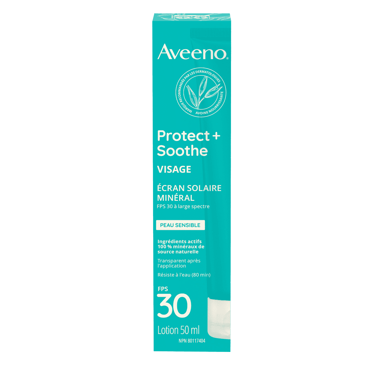 Emballage de 50 ml de l’écran solaire minéral AVEENO® Protect + Soothe Visage pour peau sensible, avec FPS 30
