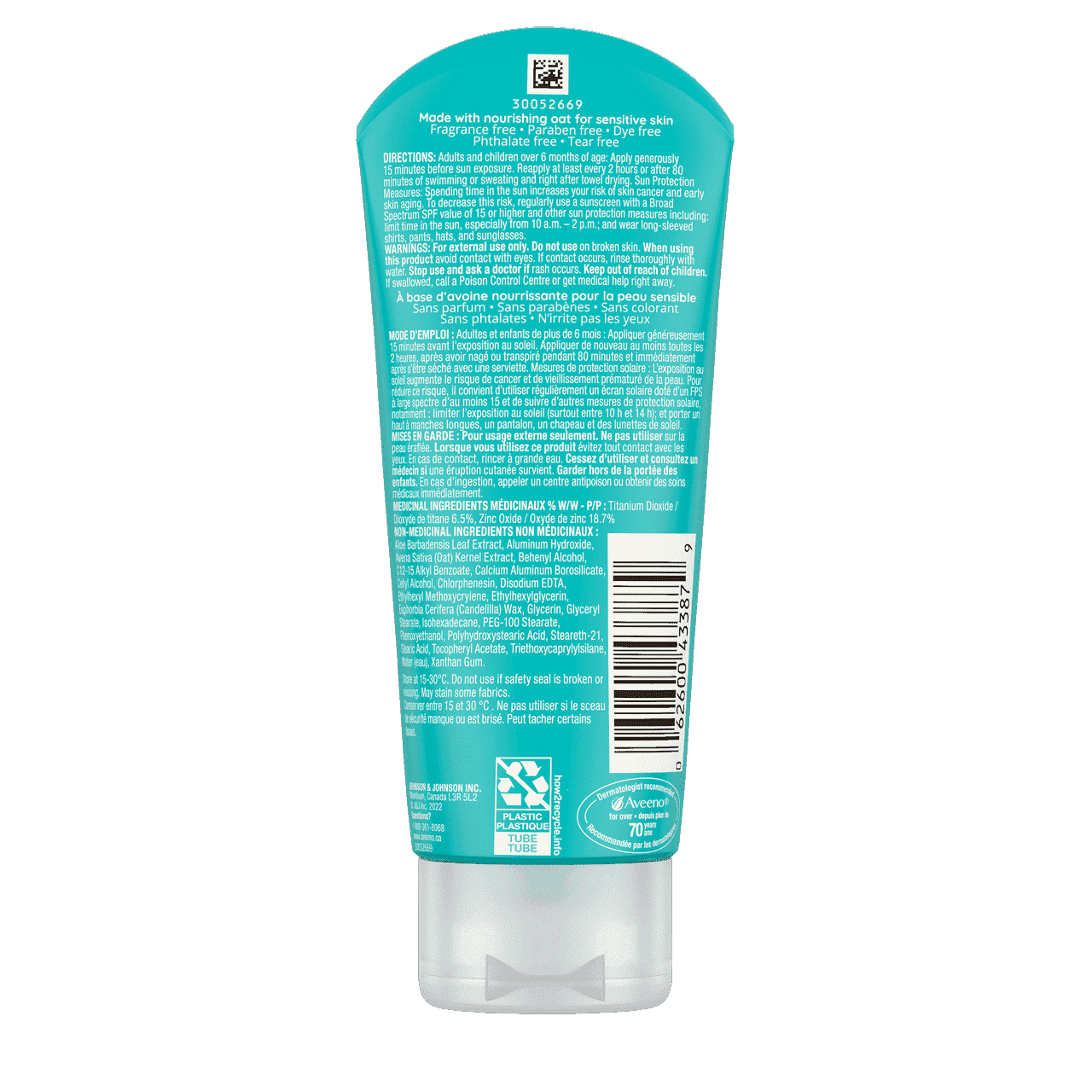 Arrière du tube de l’écran solaire minéral AVEENO® Protect + Soothe pour peau sensible, avec FPS 30