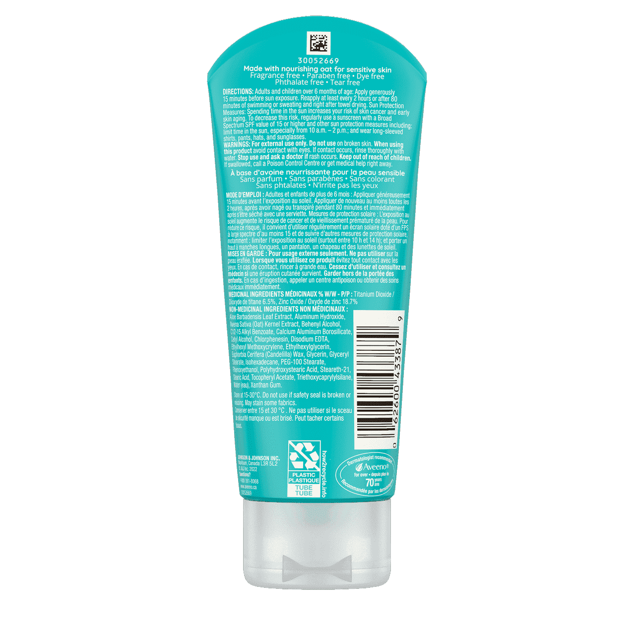 Arrière du tube de l’écran solaire minéral AVEENO® Protect + Soothe pour peau sensible, avec FPS 30