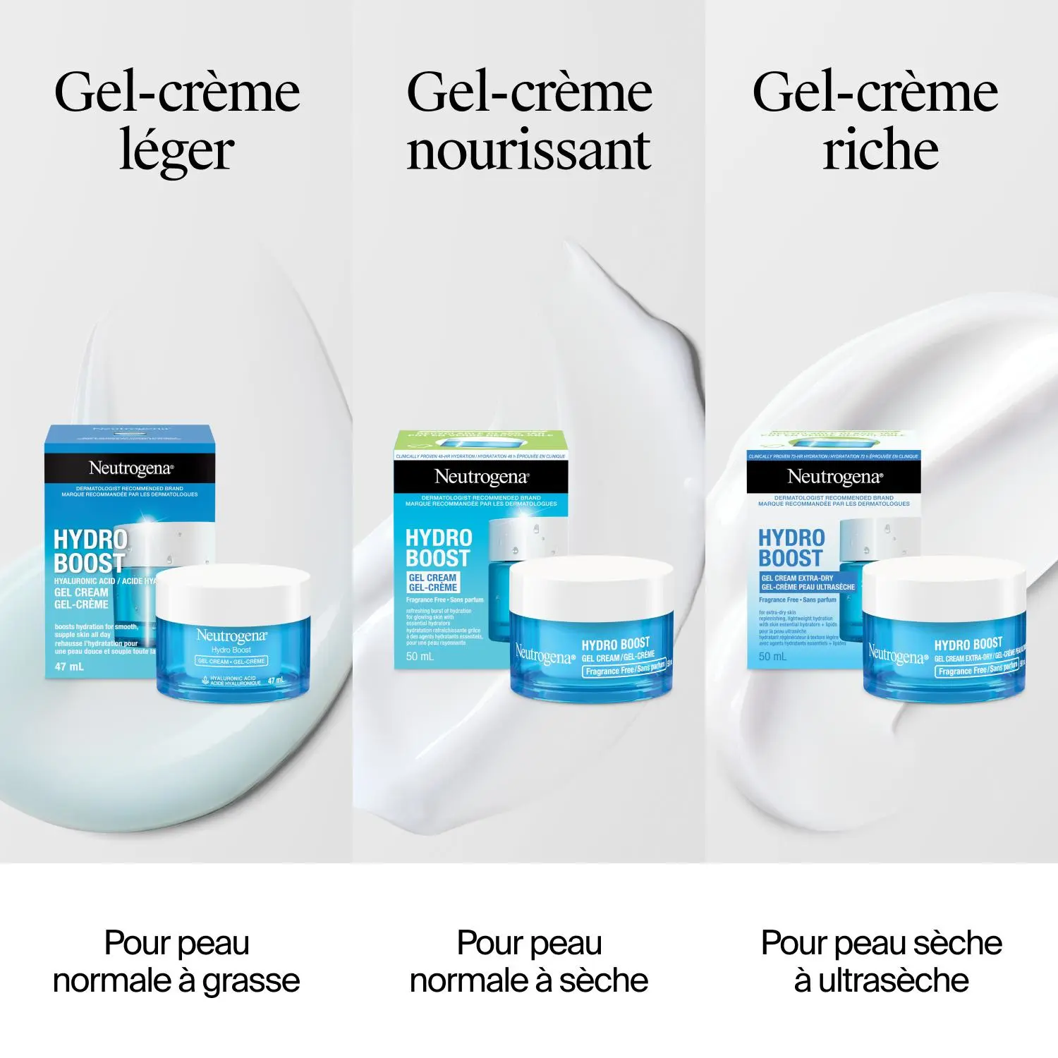 Photo de face de trois produits hydratants Neutrogena Hydro Boost avec différentes formules et textures