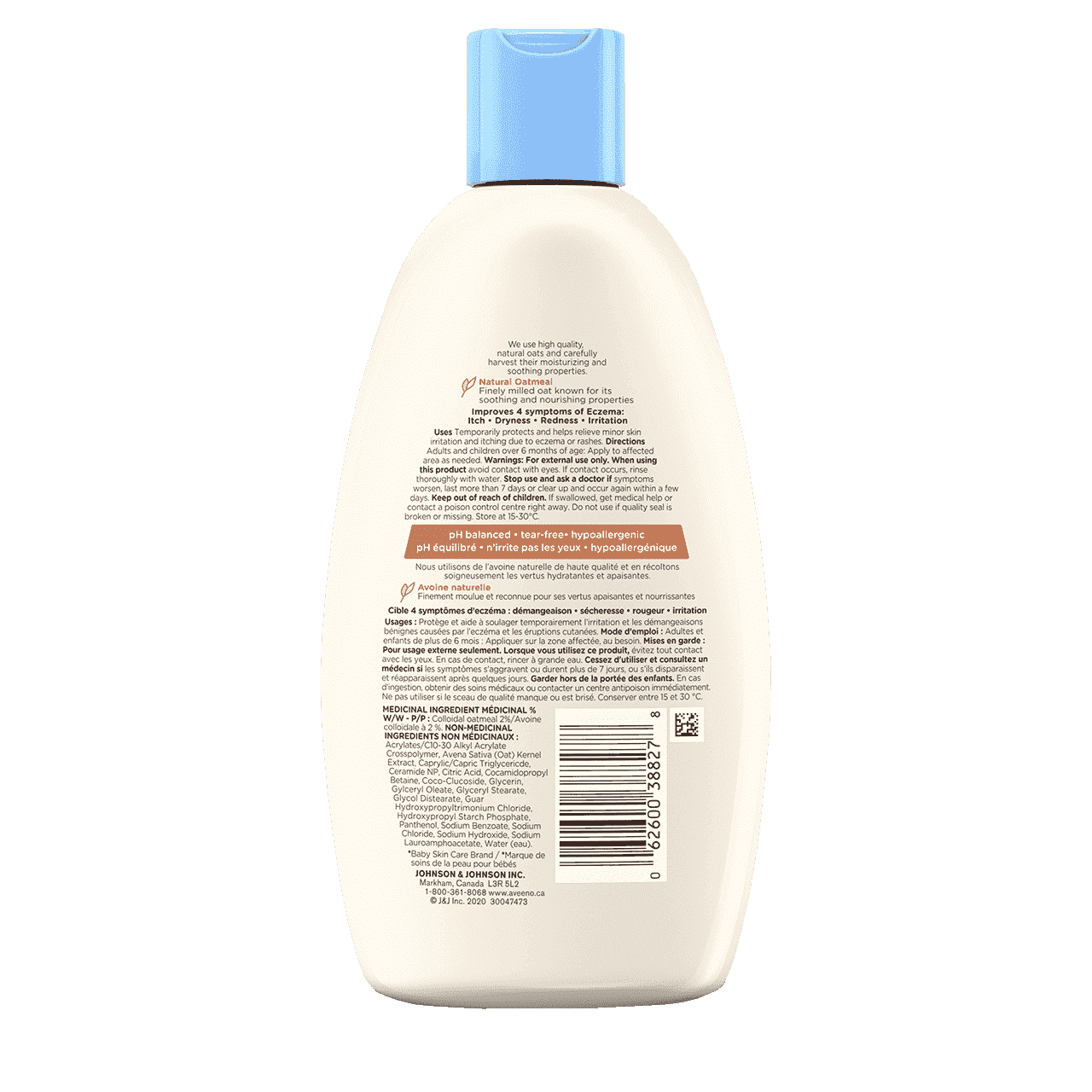 236ml bottle of Aveeno  Baby Eczema Care Wash, back label