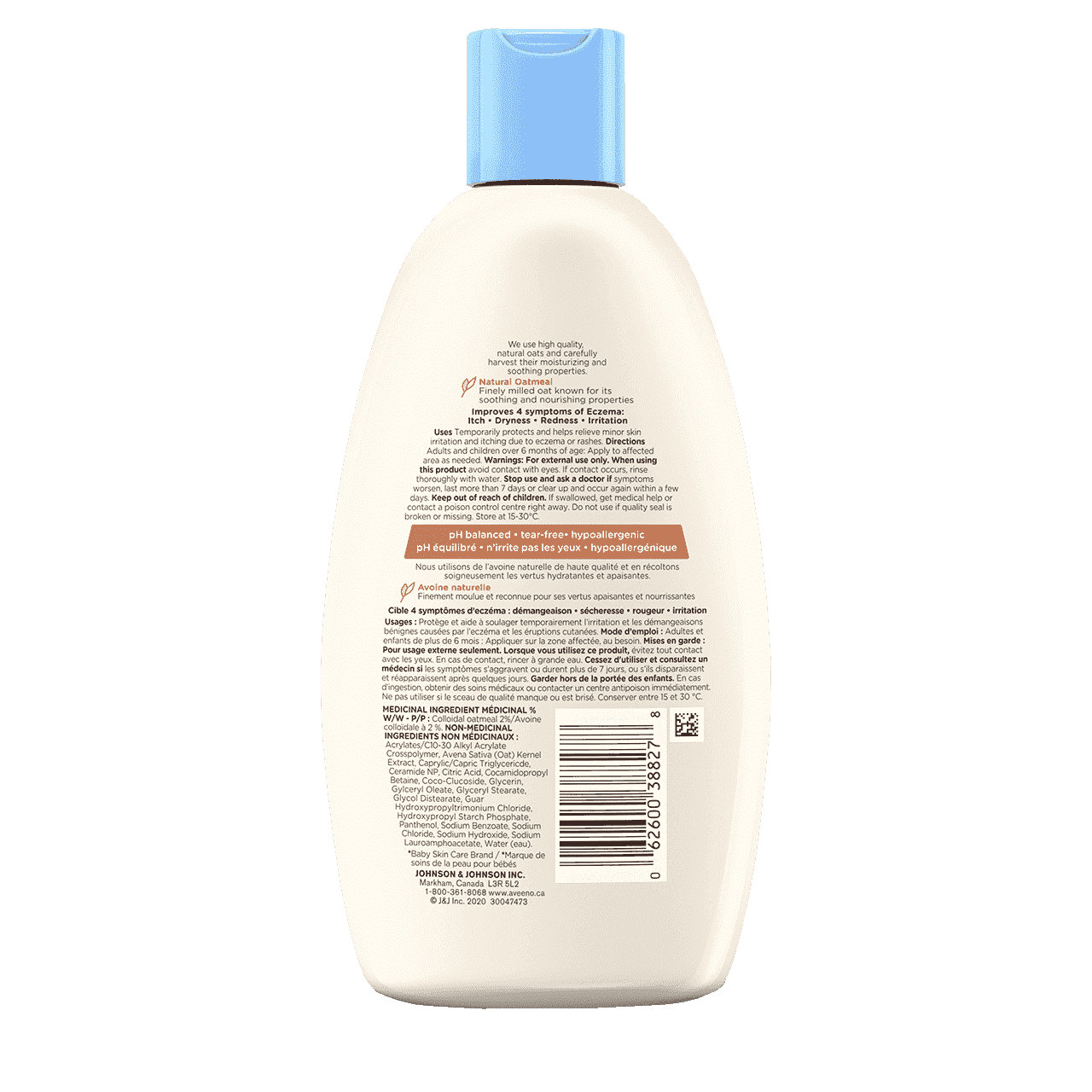 236ml bottle of Aveeno  Baby Eczema Care Wash, back label