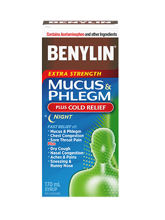 BENYLIN® MUCUS & PHLEGM PLUS COLD RELIEF NIGHT Syrup, 170mL. Relief of: dry cough, nasal congestion, mucus & phlegm, runny nose and sore throat pain so you can rest. 