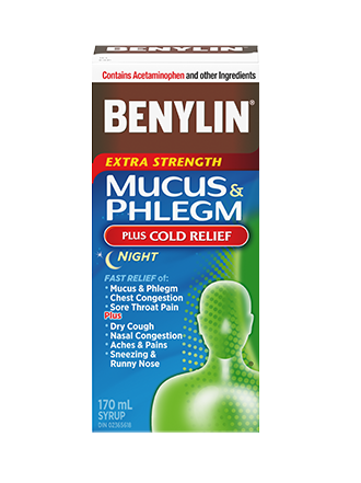 BENYLIN® MUCUS & PHLEGM PLUS COLD RELIEF NIGHT Syrup, 170mL. Relief of: dry cough, nasal congestion, mucus & phlegm, runny nose and sore throat pain so you can rest. 