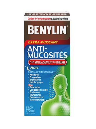 Sirop BENYLIN® ANTI-MUCOSITÉS PLUS SOULAGEMENT DU RHUME, NUIT, 170 ml. Soulage : Toux sèche, congestion nasale, écoulement nasal, et mal de gorge, pour se reposer. 