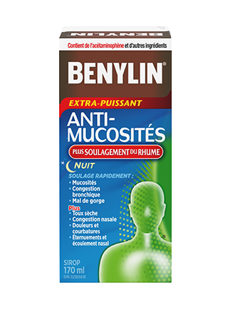 Sirop BENYLIN® ANTI-MUCOSITÉS PLUS SOULAGEMENT DU RHUME, NUIT, 170 ml. Soulage : Toux sèche, congestion nasale, écoulement nasal, et mal de gorge, pour se reposer. 