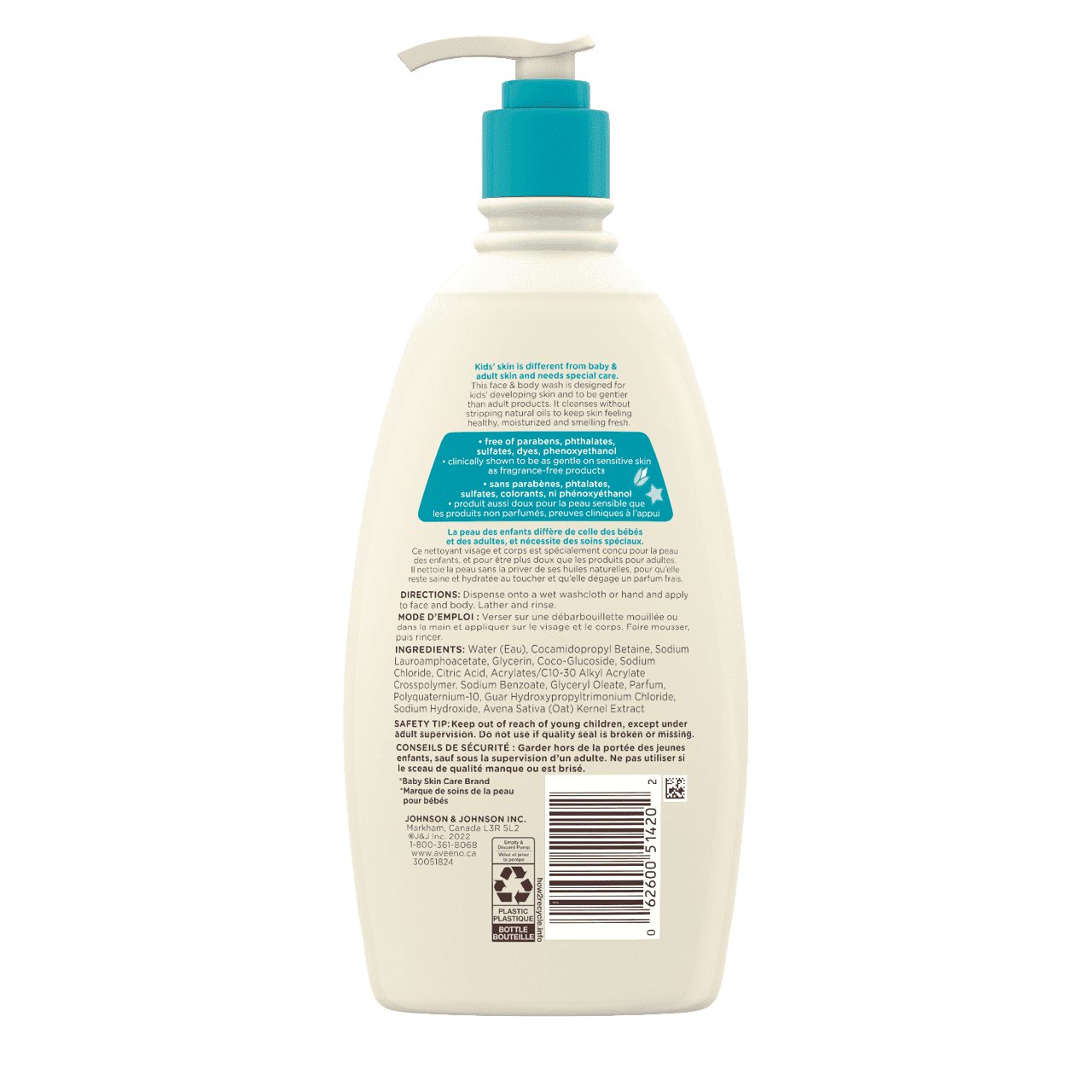 Bouteille de nettoyant visage et corps Aveeno Kids peau sensible, 532 ml, étiquette arrière