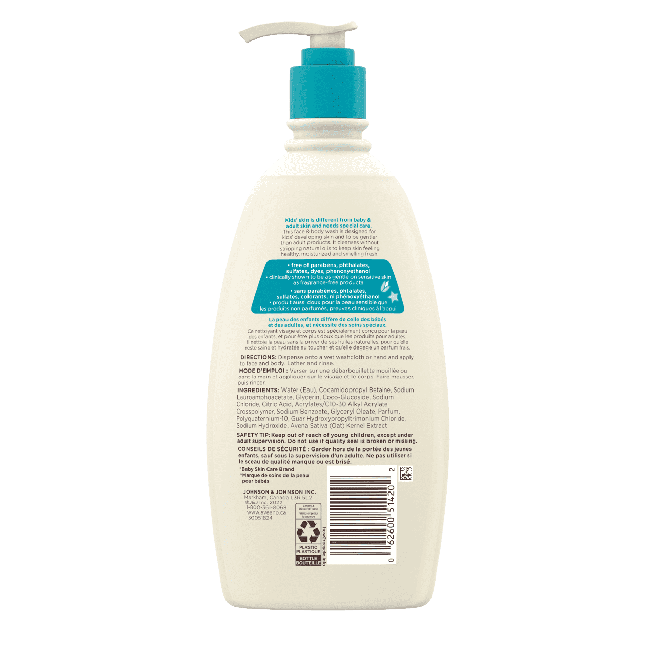 Bouteille de nettoyant visage et corps Aveeno Kids peau sensible, 532 ml, étiquette arrière