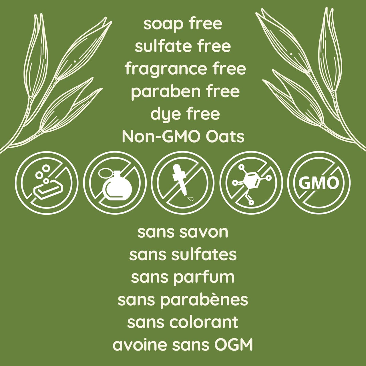 Texte expliquant que ces produits sont sans parfum, sans sulfates, sans parabènes, sans savon, sans colorant et à base d'avoine sans OGM. 