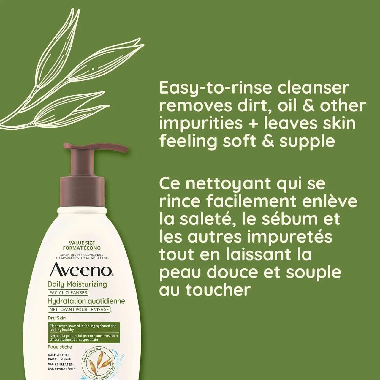 Flacon du nettoyant hydratant quotidien pour le visage AVEENO® avec la mention : « Se rince facilement et enlève la saleté et le sébum et laisse la peau douce au toucher ».