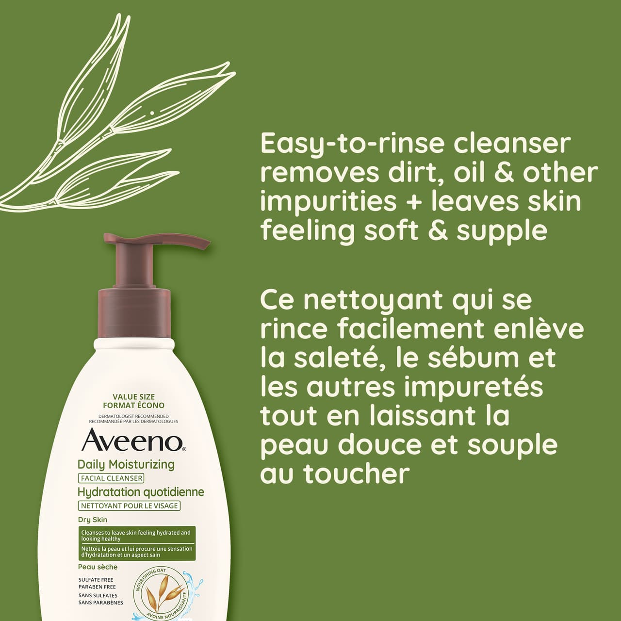 Aveeno Daily Moisturizing Face Cleanser with text stating ' easy-to-rinse cleanser removes dirt, oil & leave skin feeling soft.'