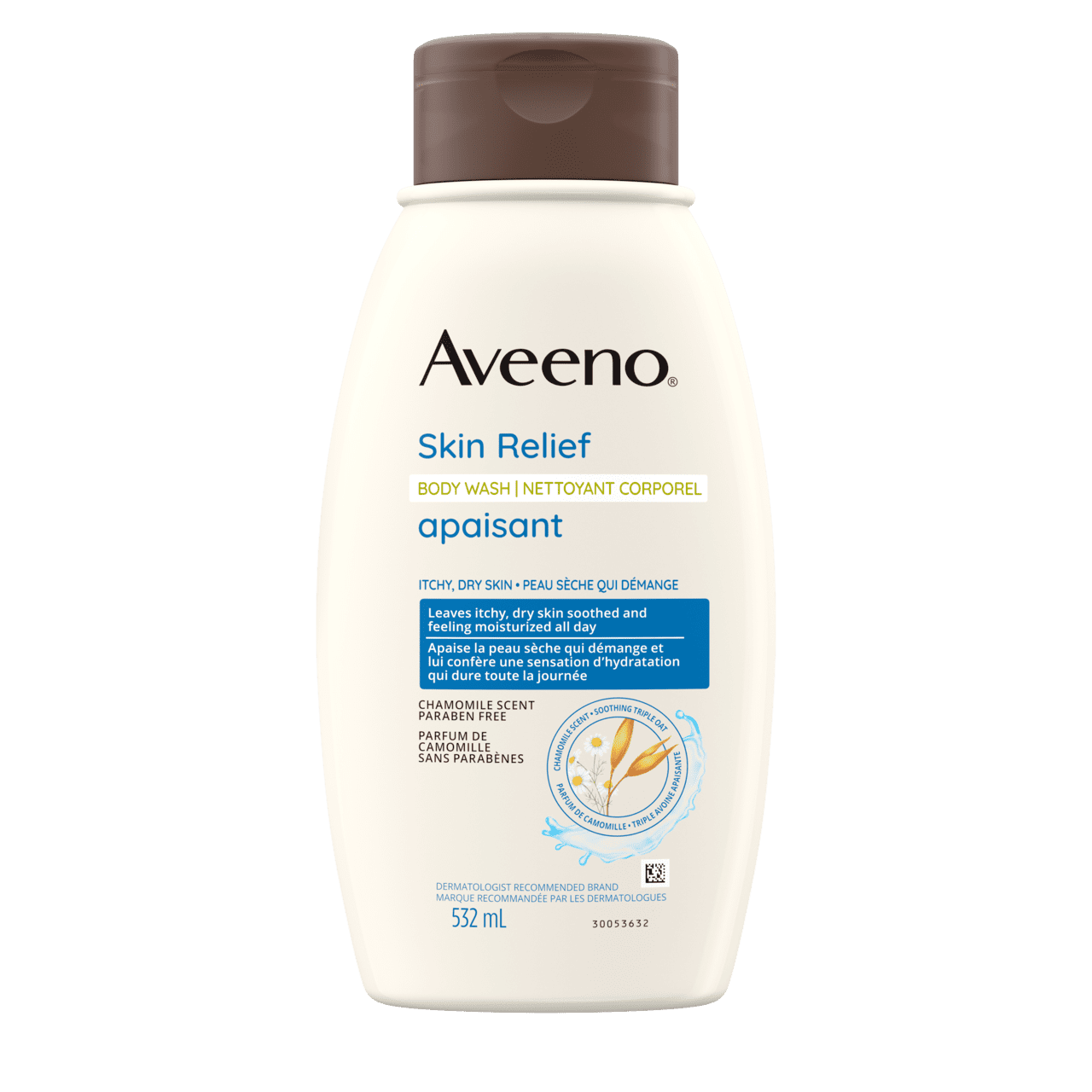 Panneau avant du flacon du gel nettoyant apaisant AVEENO® au doux parfum de camomille